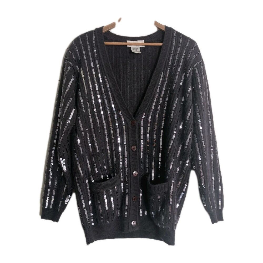 Vintage Evan Picone Sequin Cardigan Sweater Angora Lambswool Grey Women’s S